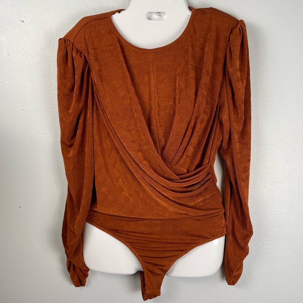 Astr Draped Long Sleeve Bodysuit in Rust